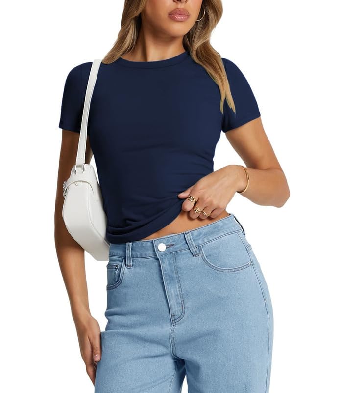 Womens Square Neck Short Sleeve Crop Top Double Lined Slim Fitted Basic Tee Going Out Cute Summer T Shirt Trendy VG22