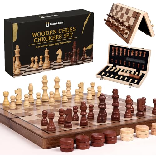 AMERTEER Wooden Chess Sets - Unique Fancy Travel Game for Adults and Kids - Large Folding Portable Chess Set - Wood Chess Board with Magnetic Closure Felt Interior Piece Holders