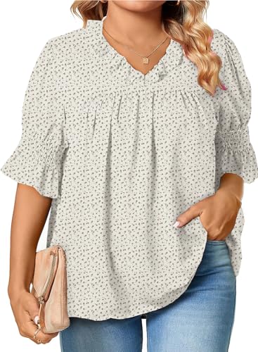 Eytino Womens Plus Size Floral Print Blouses V Neck Ruffle Flowy Short Sleeve Shirts Babydoll Casual Tunic Tops(1X-5X)