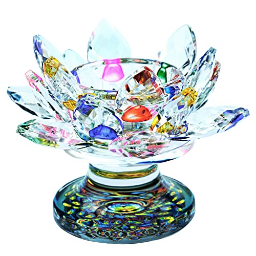 JLNGTHONG  Fleur de Lotus Cristal ,Coloré Cristal Lampes Support Cristal Fleur Bougie Chauffe Lotus en Verre Bougeoir Fleur de Lotus colorée Lotus Chandelier Bougie Plate Forme pour Noël Mariage Fête