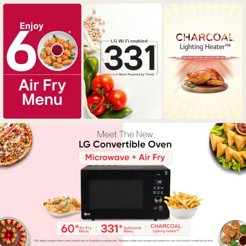 Image of LG 28 L, Convertible Microwave Oven with Air Fry, Charcoal Lighting Heater, Wi-Fi Enabled (MJEN286UFWF, Black, Motorised Rotisserie, 60 Air Fry Recipe, 40 Scan to Cook Recipes & 331 Auto Cook Menu)