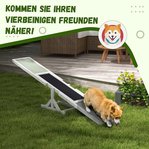 PawHut Hundewippe, Hunde Agility Wippe aus Holz, rutschfest Hunde Agilitäts Rampe für Hunde unter 30 kg, wetterfest Hundetraining Outdoor Hundesport für Balance, 180 x 30 x 30 cm Weiß