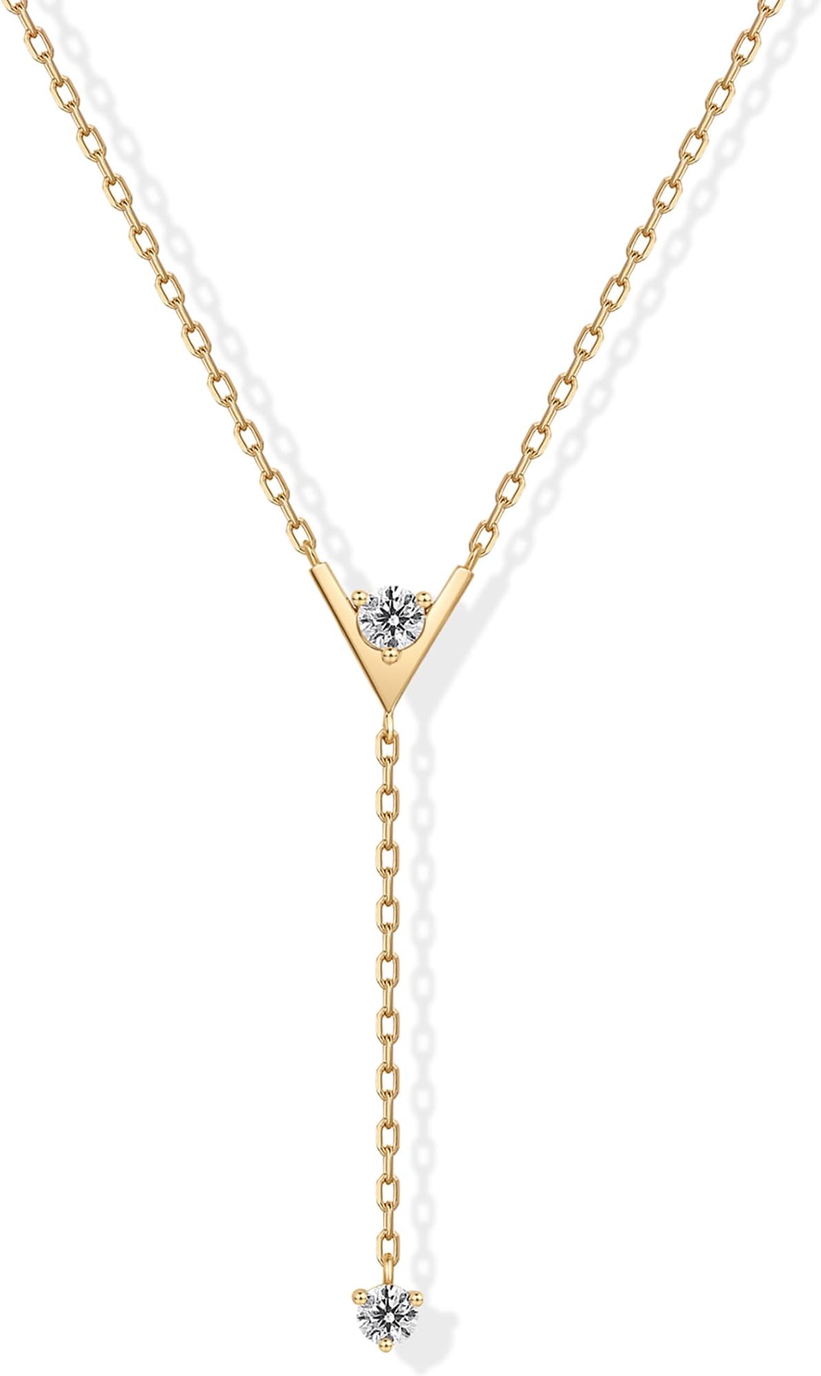 14K Gold Plated Simple Drop Lariat Necklace for Women with Cubic Zirconia | Dainty Necklace