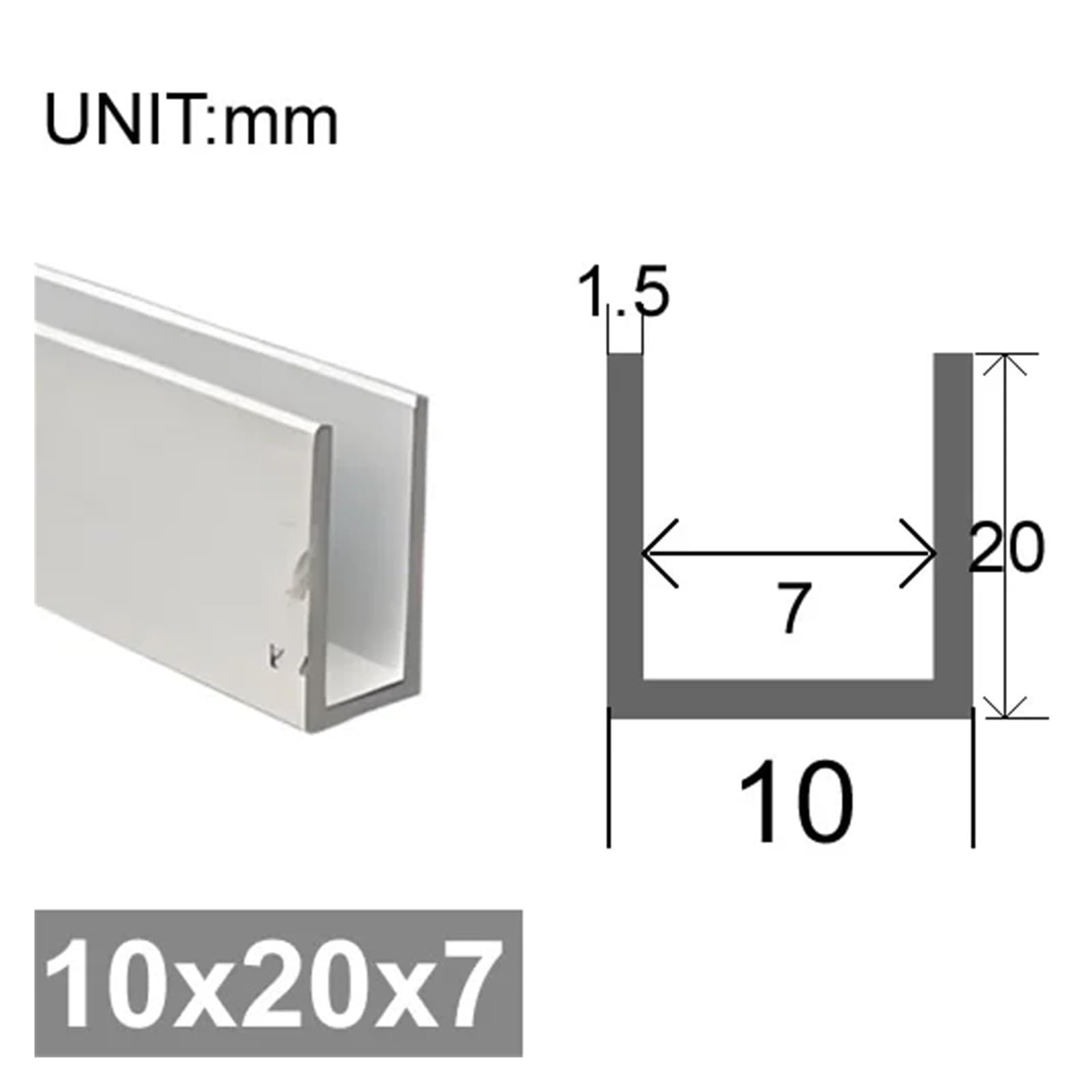 Canale in alluminio, Canale a U in alluminio 6063T5 scanalatura equilatera 500 mm confezione da 2 misure multiple(10x20x7mm)