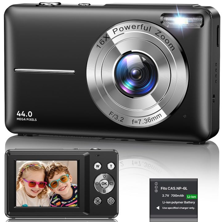 Digital Camera 1080P, 44MP FHD Compact Digital Camera, 16X Digital Zoom Portable Photo Camera with 2.4' LCD Screen, 1 Battery, Vlogging Camera for Kids, Beginners, Teens, Students-Black (No SD Card)