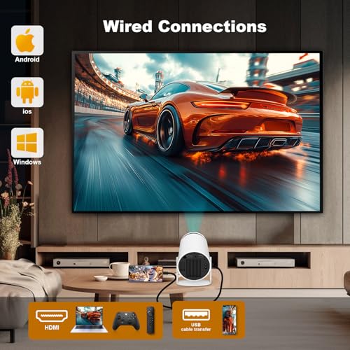 Image of Mini Projector, HY300 PRO Portable Projector, Support 4K 1080P with Dual-Band WIFI6 5G Wireless 5.2 Bluetooth Android 13, 180 Rotatable, Auto Keystone Correction, 35 inch-130 inch Screen Video Projector