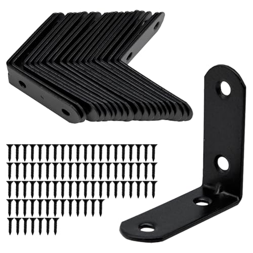 Mudoulu Juego de 20 Soportes en L de Acero con 80 Tornillos, Escuadras Metálicas Negras Reforzadas para Estanterías, Muebles, Pared y Proyectos de Bricolaje
