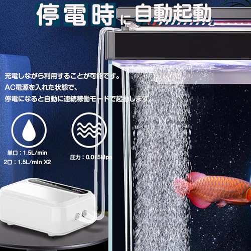 THYESCOM エアーポンプ 水槽/釣り 小型エアポンプ 停電自起動&連続稼働&間隔稼働モード 携帯酸素提供ポンプ 2600mAhリチウム電池内蔵 最大36時間動作 1.5L/min x2口空気排出量 静音設計 水槽/魚の移送/停電時用/釣り用 の商品画像 3