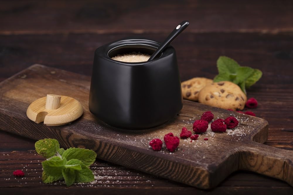 Zuckerdose aus Keramik mit Deckel aus Bambusholz und einem Zuckerlöffel, Zuckerbehälter(QuadratRund Schwarz)