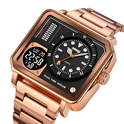 SKMEI Men's Square Watch, LED Backlight Large Screen MultiTime Zone