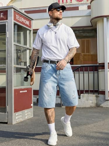 Image of PLEPAN Mens Super Baggy Jean Shorts 12 inch Vintage Loose Fit Wide Leg Long Jorts Y2K Streetwear Below Knee Denim Shorts