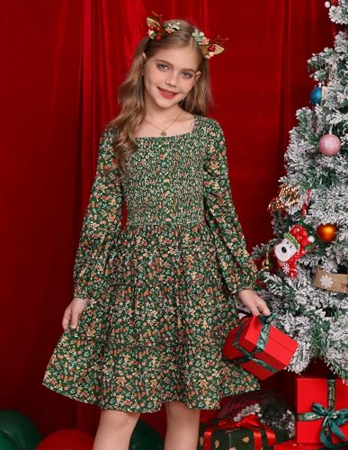 GRACE KARIN Girls Fall Long Sleeve Floral Square Neck Smock Tiered Casual Holiday Teen Dress Size 5-142