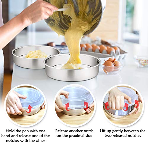 P&P Chef 8-Inch Round Baking Cake Pan With Lid, Stainless Steel Cake Pan And Plastic Cover Set, For Wedding Birthday Picnic, Reusable & Durable, Dishwasher Safe (2 Pans + 2 Lids) #TOP4