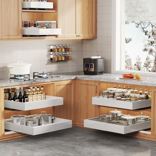 2 Pack Expandable Pull Out Cabinet Organizer 16.5"Deep with Raising Pad for Framed Cabinets,Upgrade 3 Slide Rails Slide Out Drawers,Roll Out Shelves Adhesive,Adjustable Width 12.2"-20.4"White