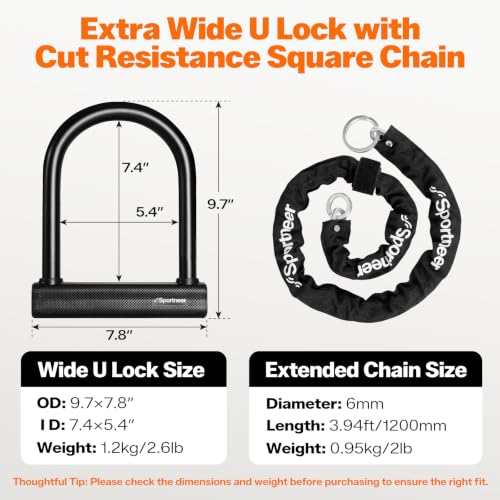 Sportneer Extra Wide U-Lock with Chain