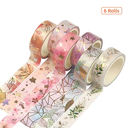 Kiboule Conjunto de 6 rolos de fita adesiva floral folha de ouro Washi fita adesiva 15 mm de largura