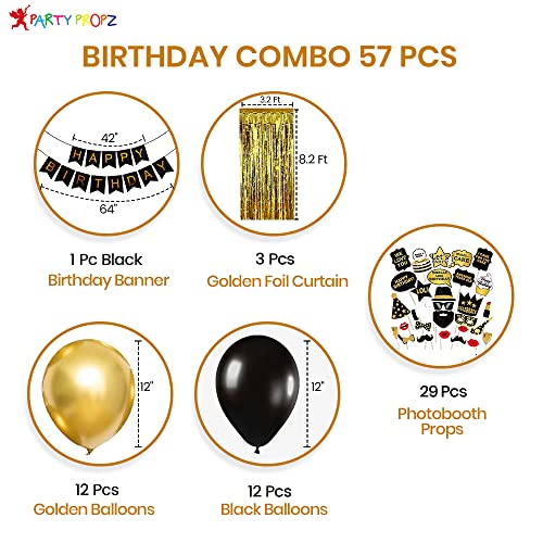Image of Party Propz Happy Birthday Paper Decoration Items - 41Pcs For Black, Golden Balloons Banners Foil Curtain Photo Booth Props / Birth Day. Decerations / Decorations Items For Room