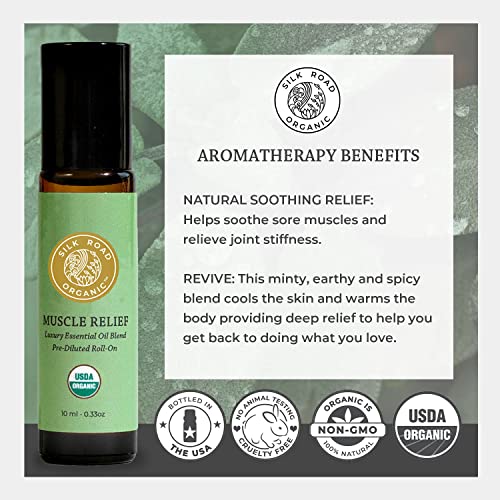 Organic Muscle Relief Essential Oil Blend Roll On, 100% Pure Usda Certified Aromatherapy For Muscle Aches & Stiff Joints With Peppermint & Ginger - 10 Ml Roller By Silk Road Organic #TOP5