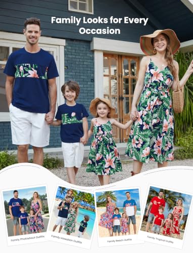 Image of PATPAT Family Matching Outfits Mommy and Me Dresses Hawaiian Tropical Vacation Beach Spaghetti Strap Dress and Shirt