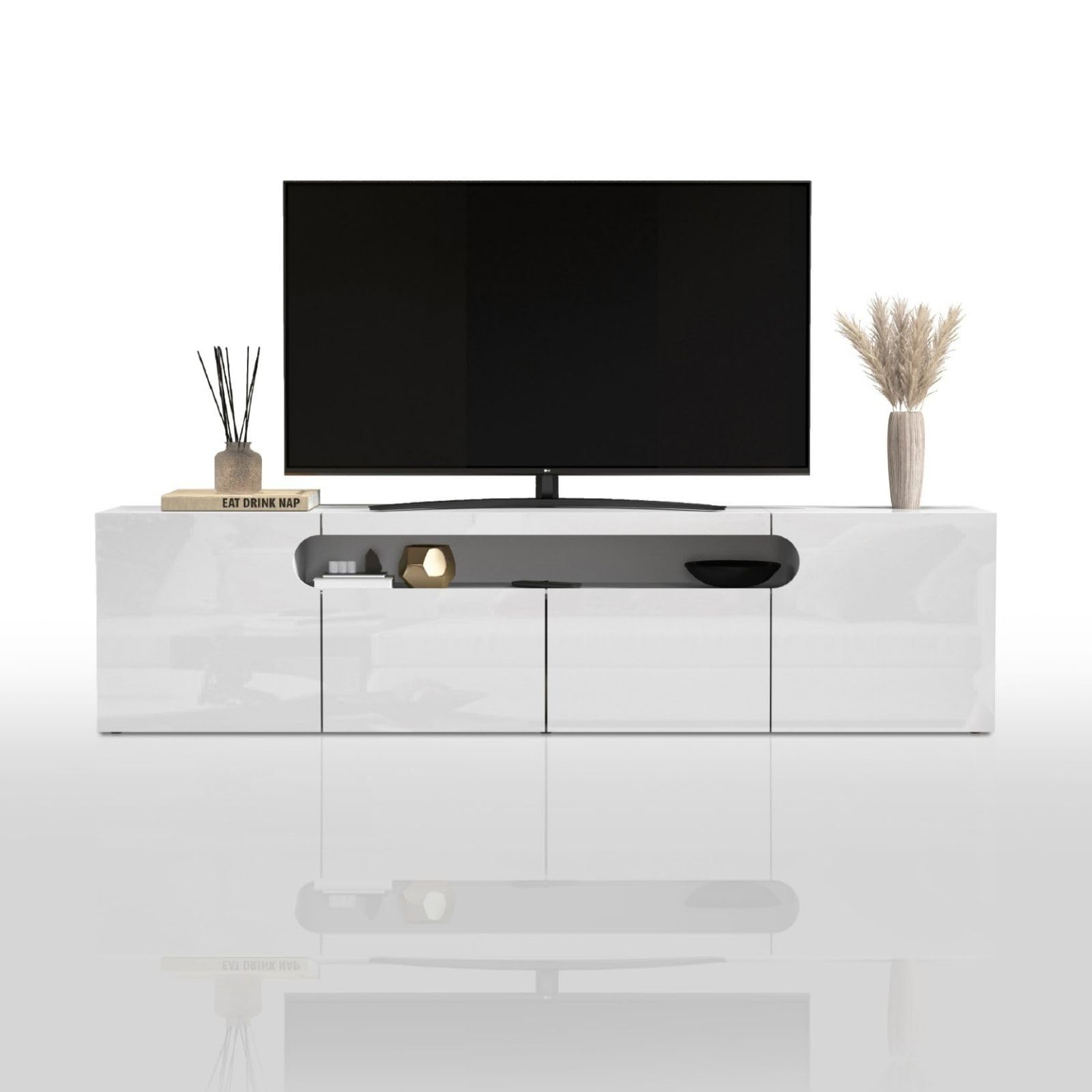 WHOUS Mobile Porta TV REAL per Soggiorno con 4 Ante, Mobile Tv per Salotto in Legno, 240x40x60 cm, Bianco Lucido