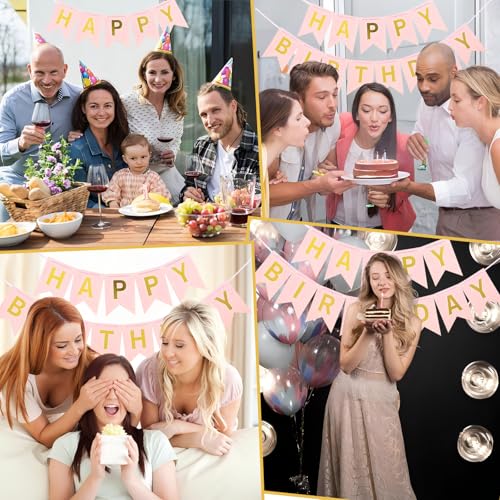 Image of Pink Happy Birthday Banner - 16 ft Pre-Strung Gold & Pink Birthday Party Decorations Sign for Girls, Boys, Kids, Women - No DIY Hanging Backdrop for Indoor & Outdoor Celebrations