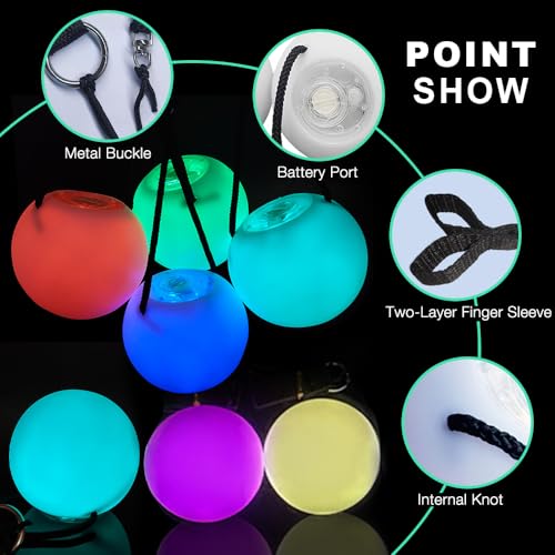 WDKXCN 6 Stück LED Poi Bälle, Soft Spinning Jonglierbälle, Leuchtende POI Jonglierbälle mit Regenbogen Farben, Jonglierbälle mit Verstellbaren Doppelschlaufen-Leinen, für Anfänger & Profis