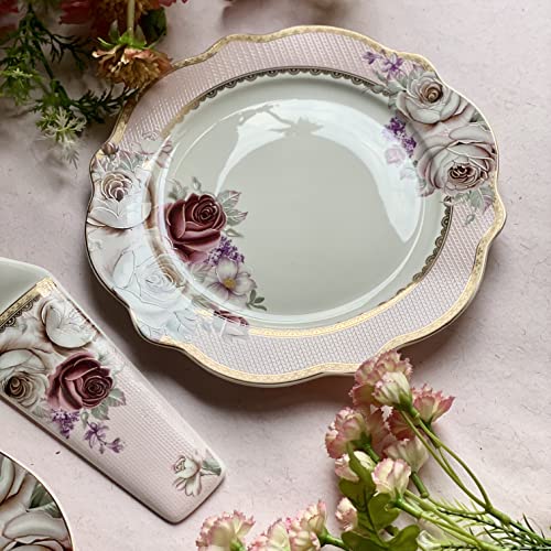Image of Vigneto | Rose Garden Snack Set (1 Serving Plate, 6 Quarter Plates, 1 Server) | Finest Premium Porcelain | Luxury Floral Tableware