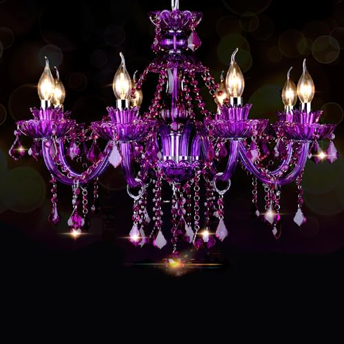 Bagood Purple 8 Lights K9 Crystal Candle Chandeliers Lighting Modern Pendant Lights Ceiling Fixture Lamp for Dining Living Room Bedroom Entry Elegant Decoration E12 Base, H20.5 x W28.3 Inch