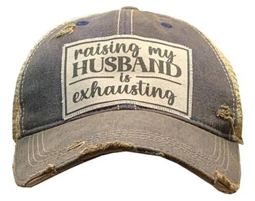 Image of VINTAGE LIFE Raising My Husband is Exhausting Distressed Trucker Cap, Navy Blue, Cotton, Polyester, Indoor, Outdoor