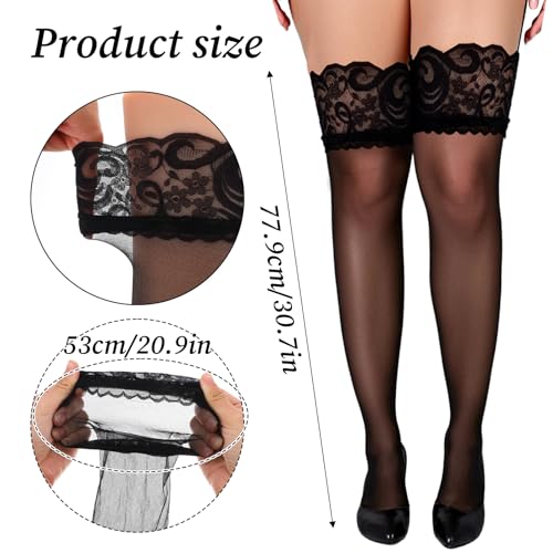 3Pcs Thigh High Stockings, Black Leg Length Stockings Semi Sheer Thigh Highs with Lace Sexy Lingerie Hosiery Pantyhose 30.7 x 7.4in4