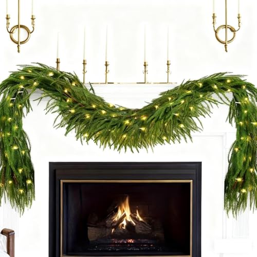 Artificial Norfolk Pine Garland with 50 LED Lights - 6 Ft, 2 Pack - Real Touch Indoor/Outdoor Christmas Decor for Fireplace, Wedding, Party