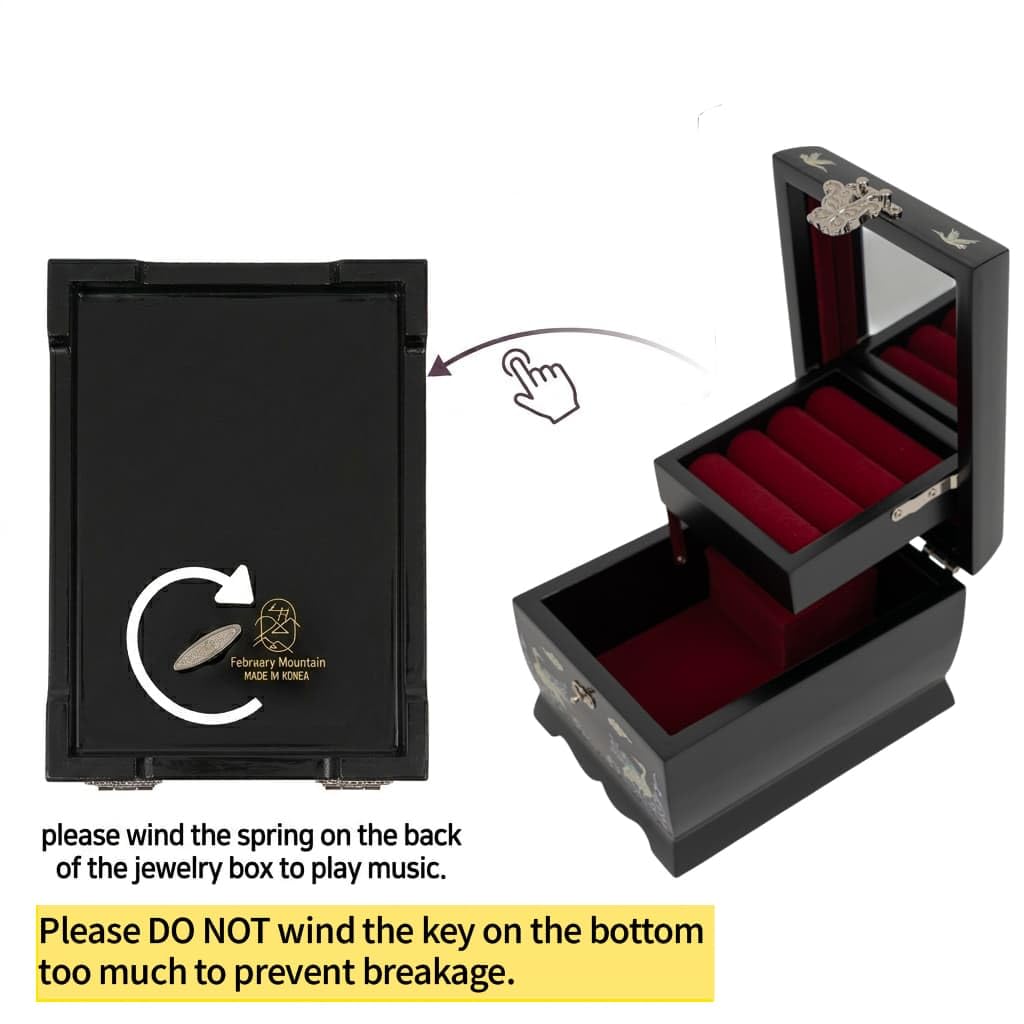 February Mountain Joyero musical de madreperla con espejo y soporte para anillos, caja de música, organizador de joyas tocando melodía Arirang, caja de joyería de pavo real, regalo para mujeres