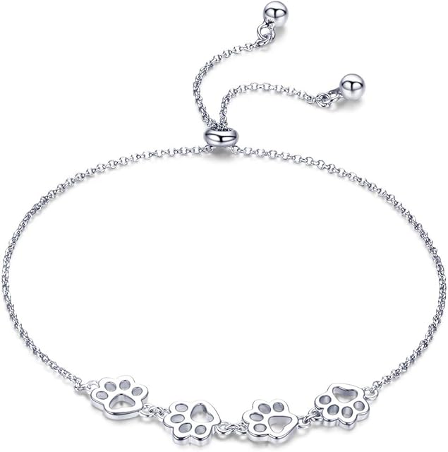 Paw Bracelet for Women Girls Sterling Silver 14 Gold Cute Delicate Polished Puppy Dog Cat Kitten Paw Print Ball Bead Adjustable Charm Link Bracelets for Pet Lover Animal Keepsake Jewelry Fashion Gifts