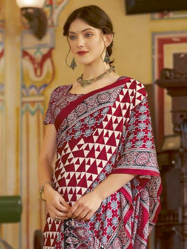 Image of SAREE MALL Women's Ajrkh Print Satin Crepe Polka Dot Printed Saree With Unstitched Blouse Piece