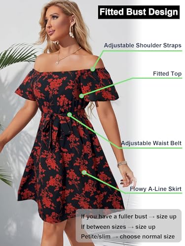 Image of Off Shoulder Ruffle Dress for Women, A-Line Mini Dress with Belt, Fitted Bust Summer Wedding Guest Dress