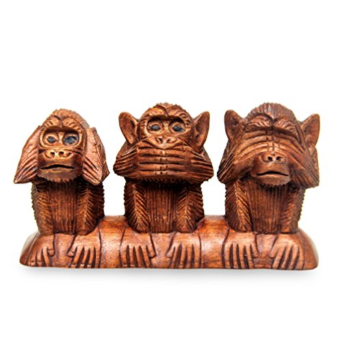 NOVICA Hand Carved Suar Wood Monkey Proverb Sculpture, 4.5