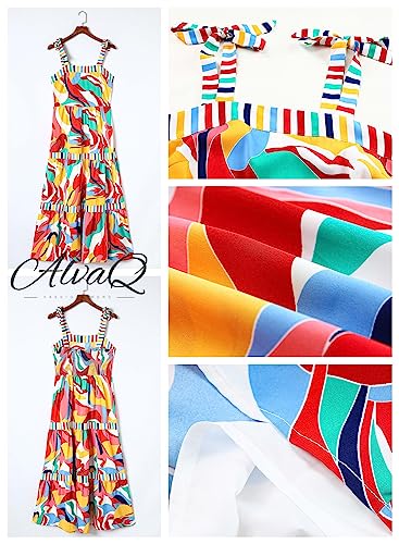 Image of AlvaQ Women Summer High Waist Long Maxi Dress Spaghetti Strap Swing Sun Dress Multicolor Medium
