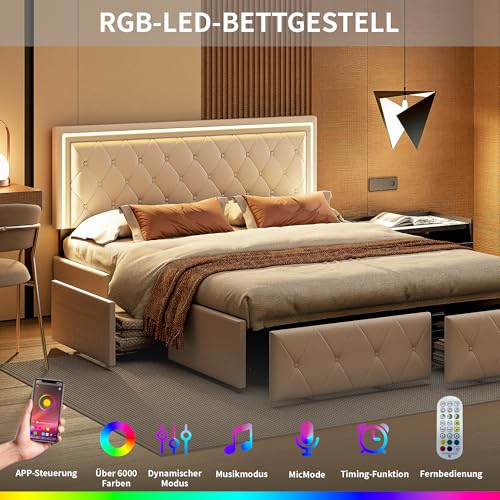 DULRLLY Bett 140x200 mit Stauraum, Polsterbett mit 4 Schubladen und LED-Kopfteil, Doppelbett Bettgestell mit Lattenrost, Jugendbett Funktionsbett Stauraumbetten Rückenlehne Bett, Beige(PU) – Bild 5