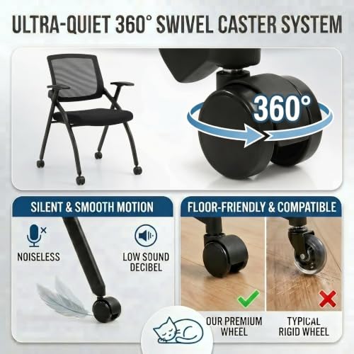 Image of 2 Pack Folding Office Chair on Wheels, Heavy Duty Conference Room Chair | Nesting Rolling Training Chairs, Lumbar Support, Mesh back, Padded Seat, Meeting, Commercial Guest Reception, Classroom