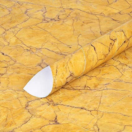 Image of Self Adhesive Gloss Vinyl Wrap Film, High Gloss Marble Furniture Film Wallpaper (12 * 24 inch, Yellow Marble)