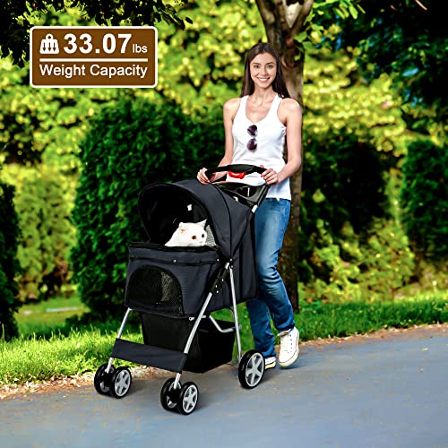 Azaeahom Pet Stroller 4 Wheels Foldable Stroller For Small Medium Cat,Dog & More,Cat Jogger Stroller Travel Folding Carrier With Storage Basket & Breathable Mesh (Black) #TOP6