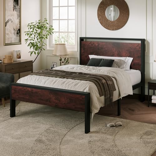 Image of Allewie Twin Size Bed Frame, Heavy Duty 12 Metal Slats Support, Mahogany