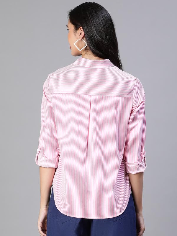 Image of Oxolloxo Women Stripe Print Soild Pink Collared Cotton Shirt