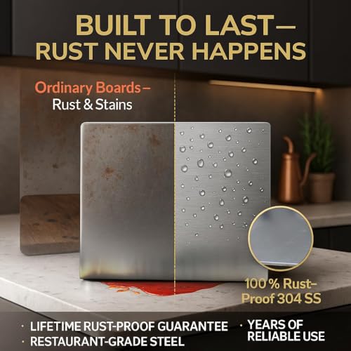 Image of Stainless Steel Cutting Board for Kitchen Countertop, Non-Slip Metal Chopping Board, Odor Resistant, Easy to Clean, 35 x 31 cm, Comes with 4 Steel Straws