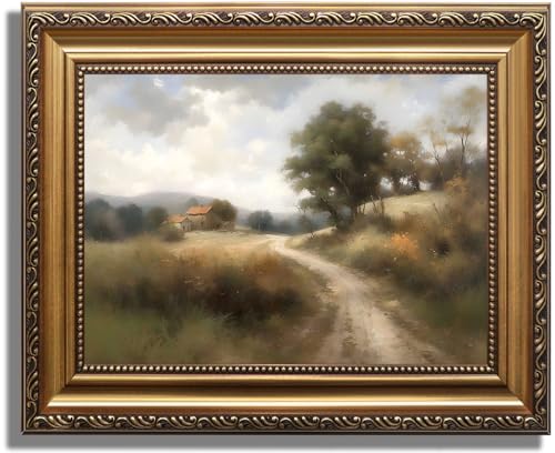 ASTRDECOR Vintage Gold Framed Wall Art, Vintage Field Country Nature Wall Art Prints, House Landscape Paintings Canvas Wall Art for Bedroom, Hills Path Green Pictures Farmhouse Wall Decor for Living Room -9''x12''