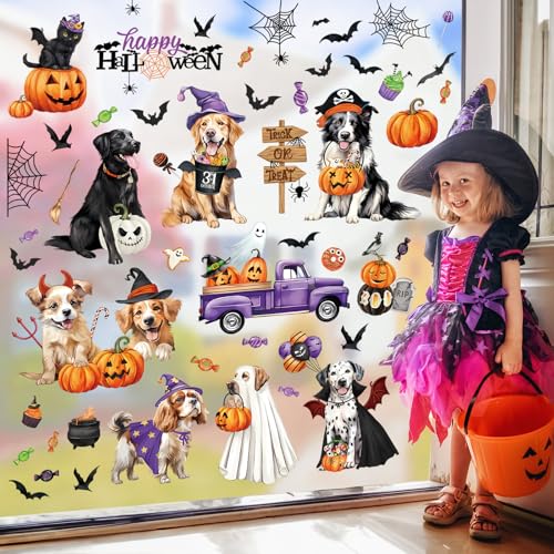 decalmile Halloween Dogs Double Sided Window Clings Pumpkin Car Bats Candy Halloween Decorations Anti-Collision Glass Doors Window Stickers for Kids Party