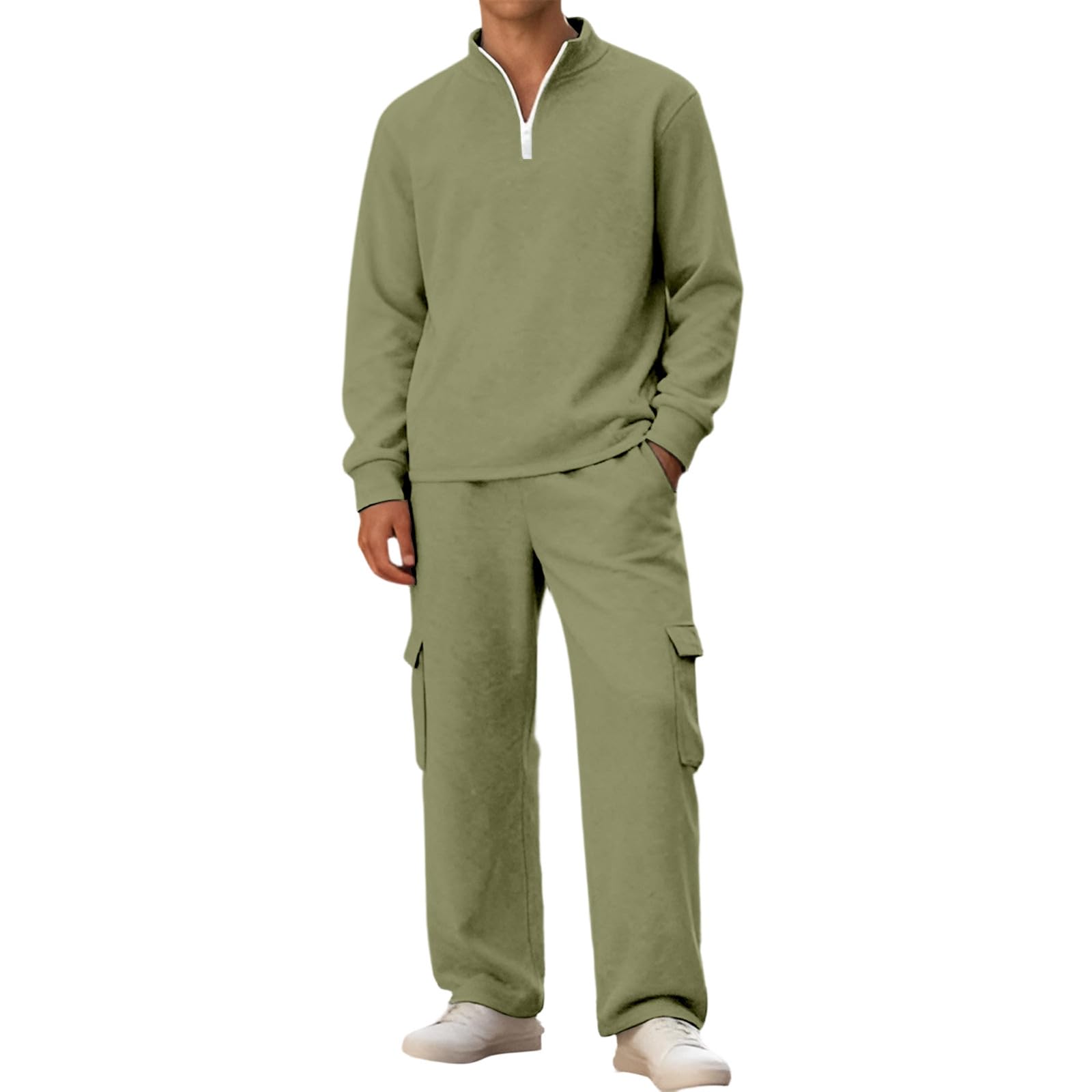 Generico Completo Due Pezzi Abbigliamento Casual Uomo Tinta Unita, Maglia | A Maniche Lunghe Con Collo Alto E Zip Parziale Frontale, Pantalone Cargo A Gamba Larga Con Tasche Laterali Funzionali,