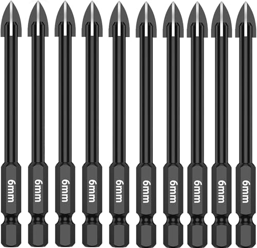 10Pcs Tile Porcelain Drill Bit, 6mm Carbide Tip Drill Bits, Glass and Tile Drill Bit Set, Hex Shank, Work with Ceramic Porcelain Tile Wall Mirror Paver (6MM 10Pcs)
