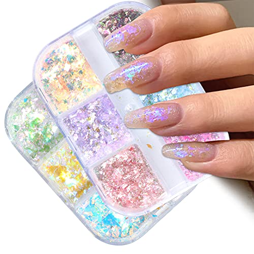 Nail Powder Decoration 2 Boxes Nail Aurora Glitter Powder Reflective Translucent Glitter Nail Powder Sparkly Irregular Nail Art Paillettes Ultra Thin Sequin Flake For Nail Decoration #TOP4