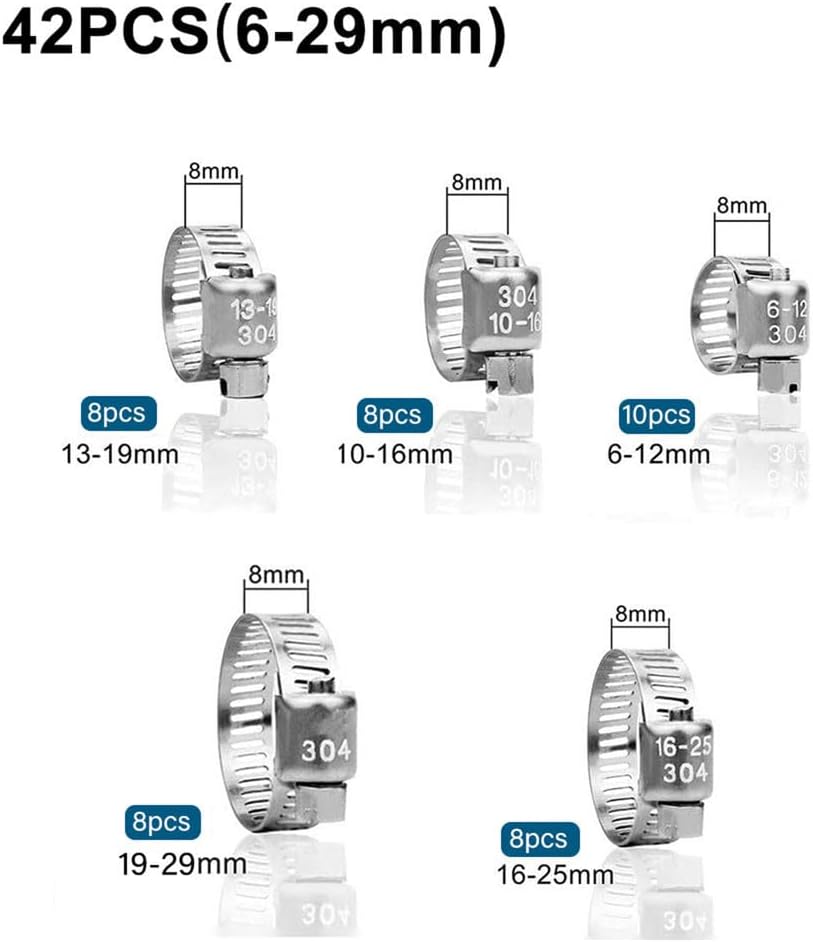 Hose Clamp Adjustable 6-70mm Pipes Clip Fixed Tool 304 Stainless Steel for Fuel Line Car Mechanical Application Garden Plumbing,20pcs(19,29mm)